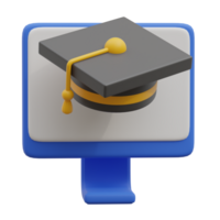 3d render of online learning, e-learning, online training, course. Graduation cap on computer monitor display png