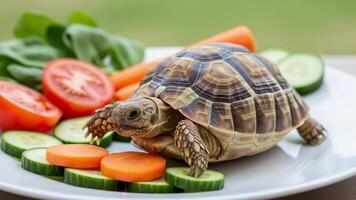 Turtle Portrait on a Plate Surrounded by Sliced Vegetables Closeup video