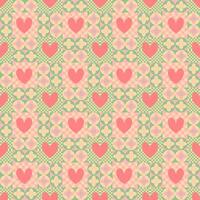 sweet and cheerful pattern featuring pink hearts alternating with a checkered geometric design in pastel shades of green and yellow vector