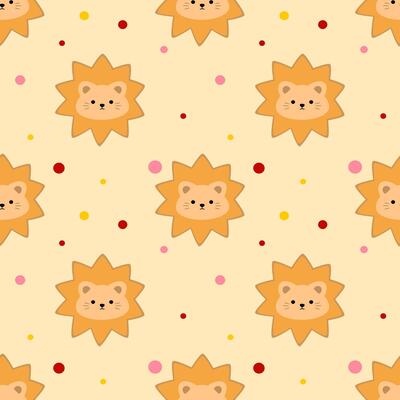 Seamless pattern with lions and polka dots on yellow background