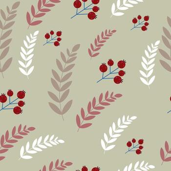 a pattern with berries and leaves on a beige background vector