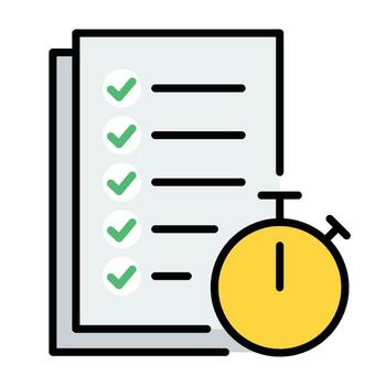 Time management flat icon, featuring a timer alongside and checklist with all items marked as completed vector