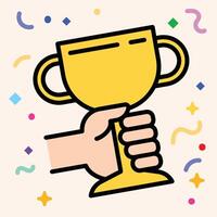 Personal victory conceptual illustration, featuring a hand holding a trophy vector