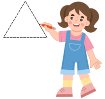 Illustration of a girl learning to trace a triangle shape. Illustration of geometric shapes png