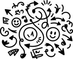 hand drawn arrows smileys and music notes playful design. vector