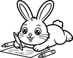 Adorable bunny rabbit drawing happily with crayons vector