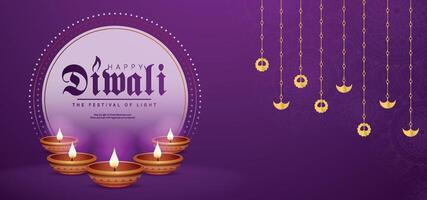 Happy Diwali festival with oil lamp, Rangoli decoration with Diya, Diwali holiday Background with rangoli, Diwali celebration greeting card on purple template vector