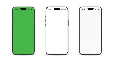 3d mockup of the new mobile phones. Smartphone mockup set with white empty transparent, white, green touch screen vector