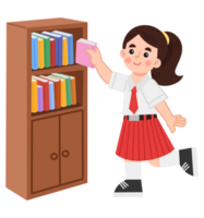 Illustration of an Indonesian elementary school girl taking a book from a bookshelf png