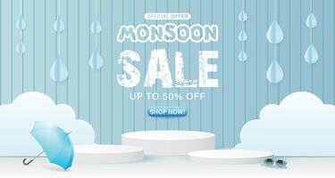 Monsoon sale with umbrellas and clouds vector