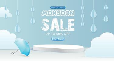 Monsoon sale with umbrella and clouds vector