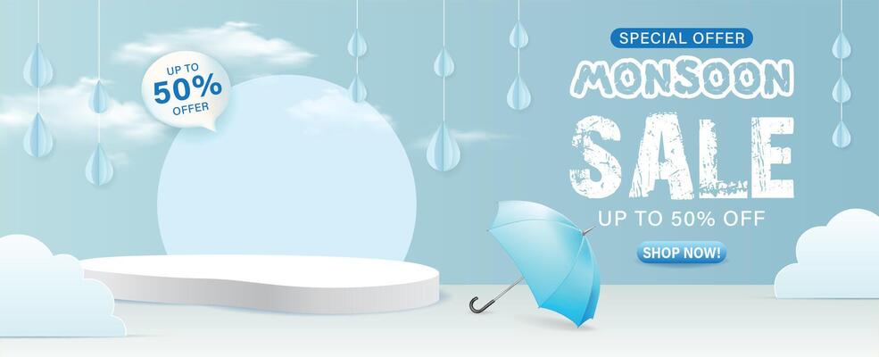 Monsoon sale offers discounts up to 50 percent off with a rainy theme and umbrella design