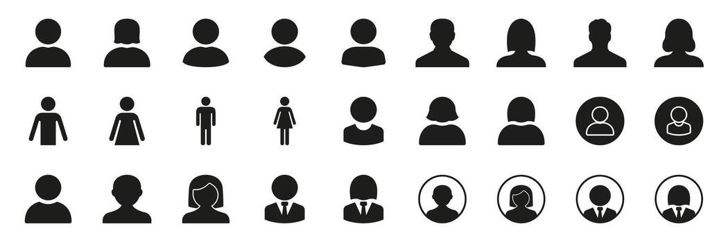 User Profile Silhouette Icon Set. Diverse User Avatars, Gender Representation, And Professional Identity Symbols Collection. Social Media, Networking and Communication. Isolated Illustration vector