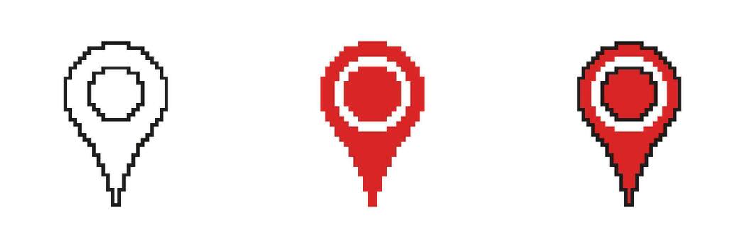 Circular Target Marker with Navigation Stem Pixelated Icon Set. Pixel Art Symbol Collection of GPS Location Focus Drop. Isolated Illustration vector