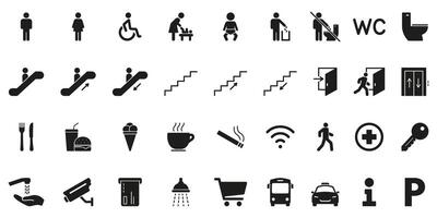 Public Facility And Amenities Solid Icon Set. Comprehensive Collection Of Silhouette Symbols For Navigation, Accessibility and Services In Public Spaces. Isolated Illustration vector
