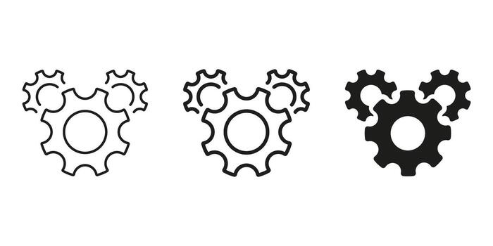 Three Interlocking Gears Line And Solid Icon Set. Mechanical Engineering, Process Optimization, And Industrial Automation Outline And Silhouette Symbol Collection. Isolated Illustration vector