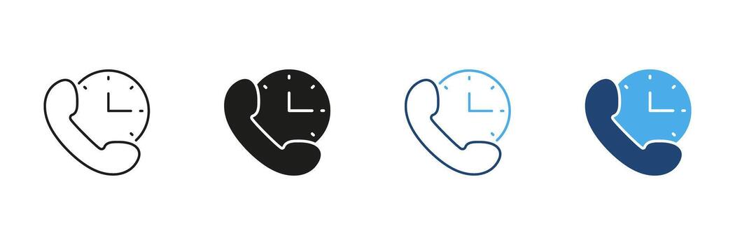 Phone With Clock Line and Solid Icon Set. Call Scheduling, Time Management, And Communication Planning Symbol Collection. Customer Service And Business Operations. Isolated Illustration vector