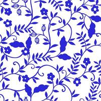Seamless pattern with oriental ornaments. Blue illustration with flowers and berries vector