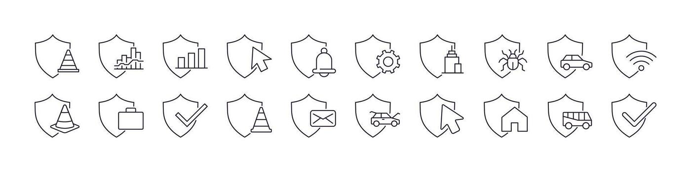 Shield, Defence, Insurance Outline Web Line Icons Collection. Minimalistic Linear Pictogram for Web and Graphic Design, Apps, Banners, Social Network and Cards vector