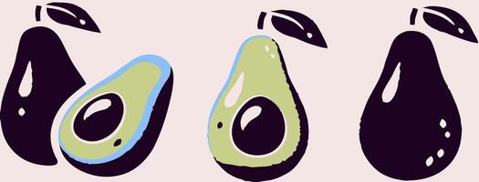 Three Stylized Avocado Illustrations Whole, Halved, and Silhouette vector