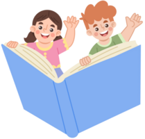 Illustration of Children Waving from Inside a Book png