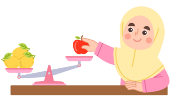 Illustration of a cheerful hijab girl learning about scales png