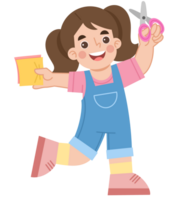 Illustration of a Cheerful Girl Cutting Paper with Scissors png
