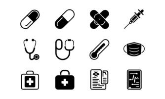 Essential Healthcare Icon Set Pill, Syringe, Bandage, Mask, Thermometer, Report, First Aid vector