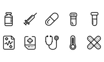 Medical Line Icons Set Syringe, Capsule, Thermometer, First Aid, Healthcare Tools vector