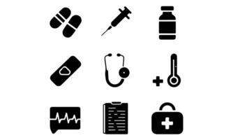 Minimal Medical Icons Set Pill, Syringe, Vial, Stethoscope, Thermometer, ECG, Bandage vector
