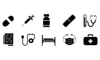 Solid Medical Icon Collection Pill, Syringe, Vial, Stethoscope, Mask, Bed, Report, Thermometer vector