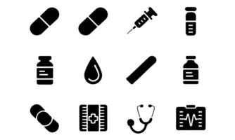 Solid Medical Icon Set Pills, Syringe, Vial, Stethoscope, Blood Drop, ECG, Capsule vector