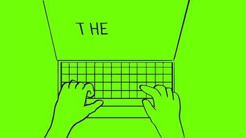 2d animering tecknad serie karaktär teckning av en hand skriver de slutet på bärbar dator dator tangentbord hög vinkel se på vit, svart och grön skärm i 4k ultrahög upplösning. video