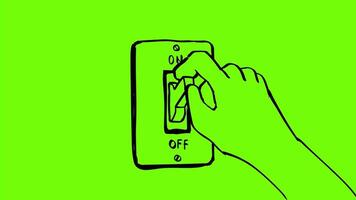2d Animation cartoon character drawing of a light switch turned on and off on white, black and green screen in 4k ultra-high-definition. video