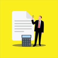 Businessman with calculator and paper document on yellow background vector
