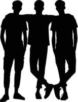 Three young men standing together in a silhouette with arms around each other vector
