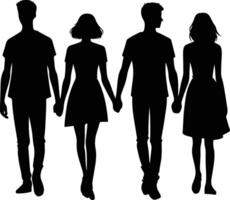 Four silhouetted figures holding hands walking together in unity and friendship vector