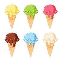 Ice cream cone collection in cartoon style. Gelato flavors vanilla, chocolate, lemon, mint, strawberry, lemon, mango summer flavor set. vector