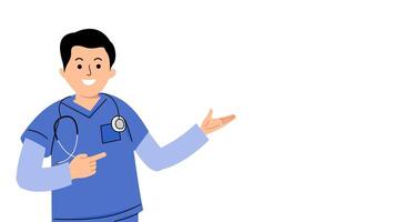 Male nurse pointing at an empty space. male nurse pointing towards empty room for presentation video