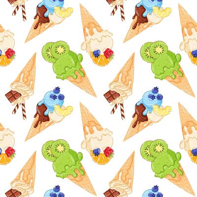 Seamless pattern with ice cream cone with flavor kiwi, vanilla, blueberry, chocolate in cartoon style. Dessert package design for summer food, cafe wallpaper.