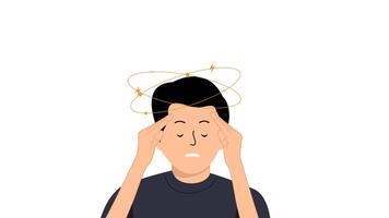 A dizzy man with stars spinning above his head. male suffering from headache. dizzy man with throbbing head. Dizzy man holding his head video