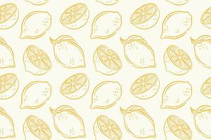 Seamless lemon pattern with whole and sliced yellow lemon on white background in line art style. Perfect for summer design, kitchen decor, textile, package and healthy food theme. vector