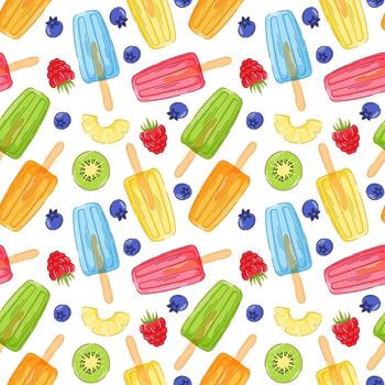 Colorful summer pattern with frozen ice cream and fresh fruit in cartoon style. Kiwi, raspberry, pineapple and blueberry. Perfect for wrapping paper, fabric print and food related design. vector