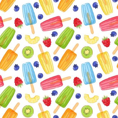 Colorful summer pattern with frozen ice cream and fresh fruit in cartoon style. Kiwi, raspberry, pineapple and blueberry. Perfect for wrapping paper, fabric print and food related design.
