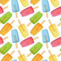 Colorful seamless pattern of assorted ice cream in red, blue, green, yellow and orange color on white background. Perfect for summer theme, food packaging and sweet dessert design. vector