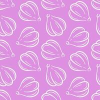 Seamless pattern of garlic bulb in line art style on pink background. Ideal for culinary book, spice package, food and kitchen wallpaper design. vector