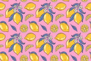 Seamless pattern with yellow lemon, green leaf, white flower on pink background in flat style. Perfect for summer packaging, textile, kitchen decor and fresh citrus themed design. vector