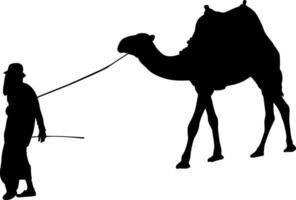 Silhouette of a man leading a camel in a desert setting vector