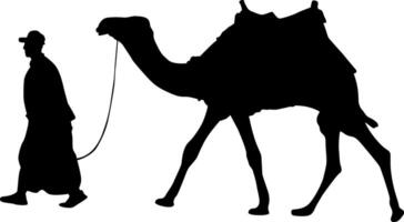 Silhouette of a man leading a camel across the desert vector