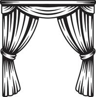 Black and white illustration of stage curtains with tied drapes vector